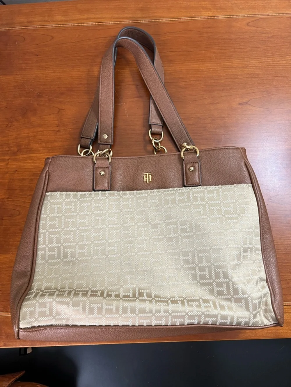 Tommy Hilfiger monogram chain strap tote bag in tan and beige